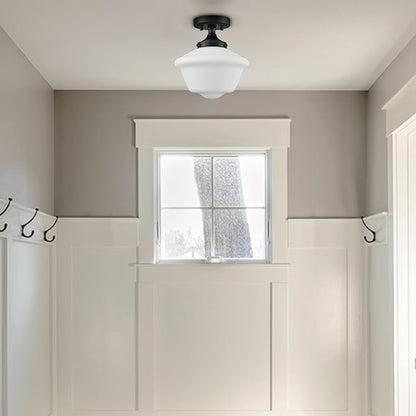 SAMTEEN Modern Black Semi Flush Mount Ceiling Light Schoolhouse Light Fixtures White Glass Ceiling Light Matte Black Flush Mount Light for Bedroom Hallway Kitchen Foyer Living Room