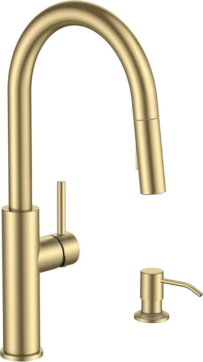 FORIOUS Kitchen Faucet with Soap Dispenser, Modern Brushed Gold, Single Handle High Arc Stainless Steel Kitchen Sink Faucet with Pull Down Sprayer, 1 or 3 Hole Deck Mount for RV, Laundry, Outdoor