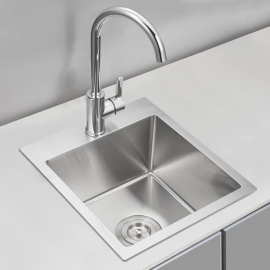 15 inch Bar Sink Drop in, 304 Stainless Steel Sink Single Bowl, 15"x17"x8" Small Sink Topmount for Wet Bar, Prep, RV, Apartment and Tiny Homes, Brushed