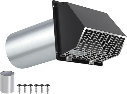 4Inch Dryer Vent Cover Outside,Hooded Wall Vent with Screen and Damper,Exterior Exhaust Vent Cover Cap Outdoor Dryer Vent for 4Inch Pipe,Laundry,Bathroom Exhaust Fan&Air Exhaust,Galvanized Steel,Black