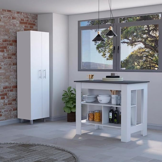 GOWE White and Onyx 2-Piece Kitchen Set, Kitchen Island and Pantry Cabinet