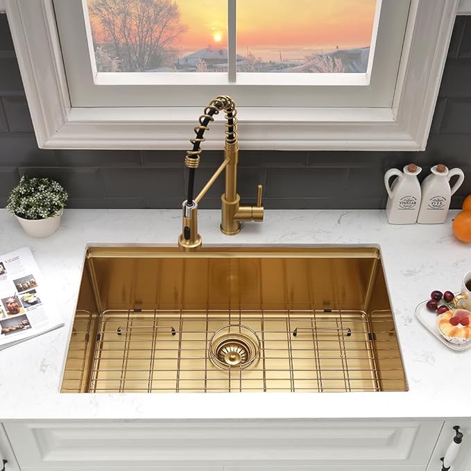 27 Inch Gold Undermount Kitchen Sink Workstation-VASOYO 27x19 Undermount Sinks 16 Gauge Stainless Steel Brushed Gold Single Bowl Deep Kitchen Sink with Cutting Board
