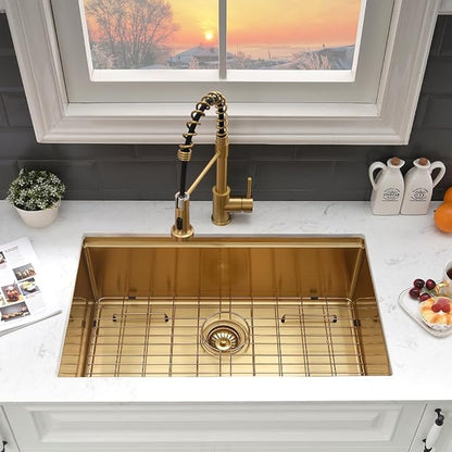 27 Inch Gold Undermount Kitchen Sink Workstation-VASOYO 27x19 Undermount Sinks 16 Gauge Stainless Steel Brushed Gold Single Bowl Deep Kitchen Sink with Cutting Board
