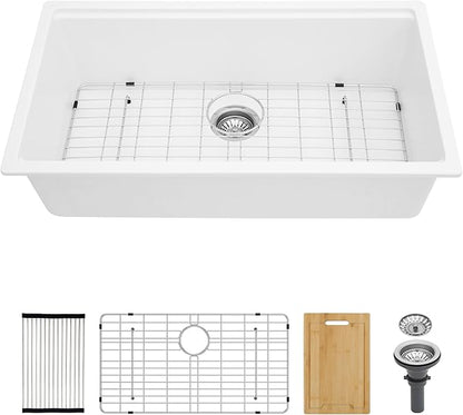 Kichae 32 Granite Composite Kitchen Sink - 32"x19" Grainte Kitchen Sink Workstation Undermount Quartz Sink White Deep Single Bowl Basin