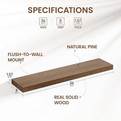 Heimlove Solid Wood Floating Shelves 36 inch, 8 Inch Deep Display Shelves Set of 2, Wall Mounted Floating Shelf with Invisible Brackets for Bathroom Bedroom Kitchen Living Room - American Walnut