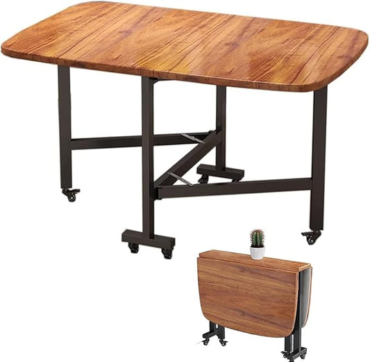 Folding Dining Room Table for 4/8 with 47.2in Extra Wide Space Saving Drop Leaf Table with Lockable Wheels, Heavy Duty Eco Solid Wood Top 220lb, Solid Wooden Foldable Kitchen Table, Easy Assembly(Brow