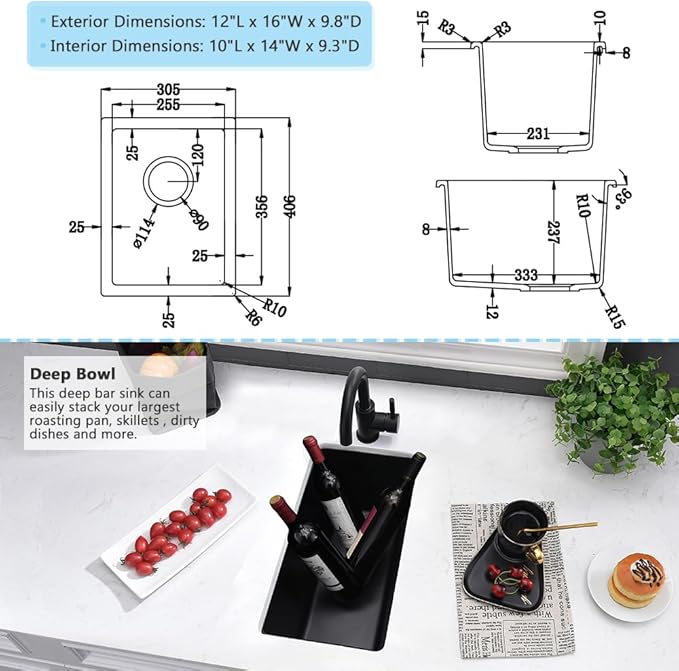 12 Inch Black Bar Sink Undermount-VASOYO 12x16 Rv Sink Kitchen Bar Sinks Black Quartz Composite Oudoor Single Bowl Deep Kitchen Sinks with Bottom Grid