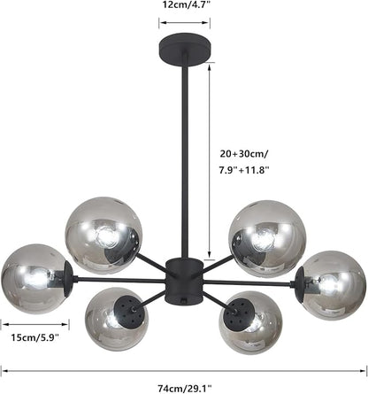 KCO Lighting Mid Century Modern Globe Sputnik Chandelier 6-Light Smoke Gray Glass Globe Flush Mount Ceiling Light Black Farmhouse Kitchen Island Lighting Fixture (Black+Smoke Gray)