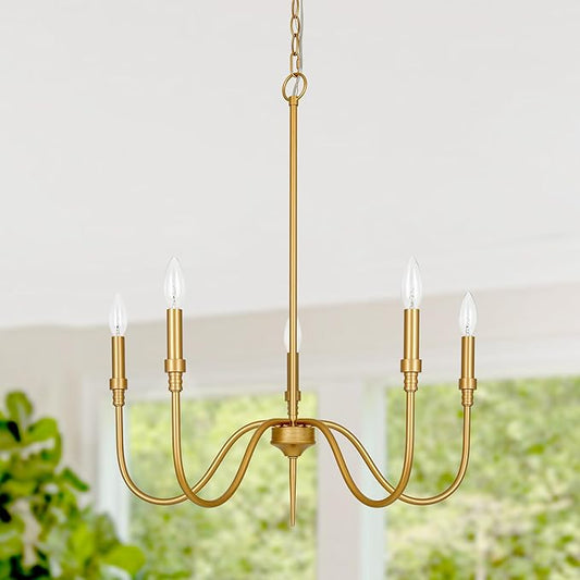 5-Light Gold Chandelier, Modern Farmhouse Ceiling Lighting Fixture with 60" Adjustable Chain, E12 Candle Style Hanging Pendant for Dining Living Room, Bedroom, Hallway