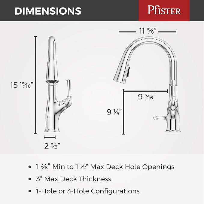 Pfister Alderwood Kitchen Faucet with Pull Down Sprayer and Soap Dispenser, Single Handle High Arc Spout, Chrome Finish, NSF Certified, 1 or 3 Hole Installation F5297AWC