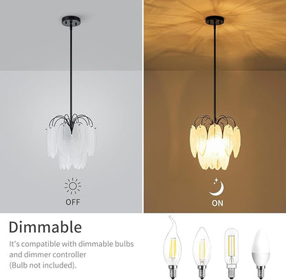 LumFurn D12 inch Glass Chandeliers, 3-Light Modern Pendant Light Fixture for Dining Room, Living Room, D12x18~47 Inch (Adjustable Height), Frosted Glass Feather Shade & Matte Black Finish Frame