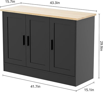 Anystyle 43" Black Buffet Cabinet with Black Handles, Small Kitchen Sideboard with 3 Doors & Adjustable Shelves, Modern Entryway Credenza & TV Console Table for Living Room, Dining Room