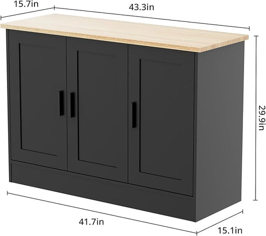Anystyle 43" Black Buffet Cabinet with Black Handles, Small Kitchen Sideboard with 3 Doors & Adjustable Shelves, Modern Entryway Credenza & TV Console Table for Living Room, Dining Room