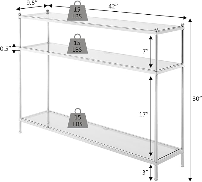 Convenience Concepts Royal Crest Glass Console Hall Table 42" - 3 Tier Modern, Contemporary Narrow Display Accent with Storage Shelves for Living Room, Entryway, Hallway, & Bedroom, Gold