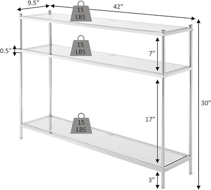 Convenience Concepts Royal Crest Glass Console Hall Table 42" - 3 Tier Modern, Contemporary Narrow Display Accent with Storage Shelves for Living Room, Entryway, Hallway, & Bedroom, Gold