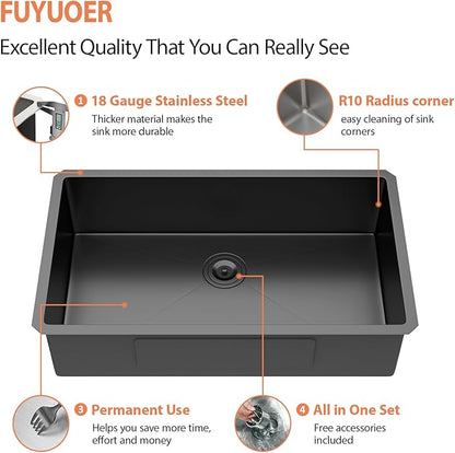33 Inch Undermount Kitchen Sink Black 18 Gauge Stainless Steel Under Counter Sink Single Bowl Deep Handmade Single Bowl Kitchen Sink,33"x19"x9"