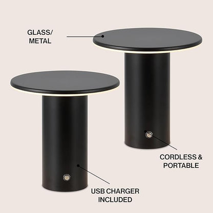 JONATHAN Y 7.5" Black Modern Rechargeable Cordless LED Table Lamp Set of 2, Dimmable Touch Sensor Nightstand Mini Lamp for Dining Living Room, Frosted Diffuser (JYL7158B-SET2)