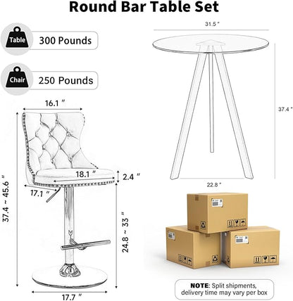 yeag 31.5'' Modern Luxury Glass Bar Table Set for 4, Round Pub Table Cocktail Table and 4 Adjustable Velvet Swivel Barstools Island Chairs for Bistro (Silver Metal Legs, Clear Top + Grey Chair)