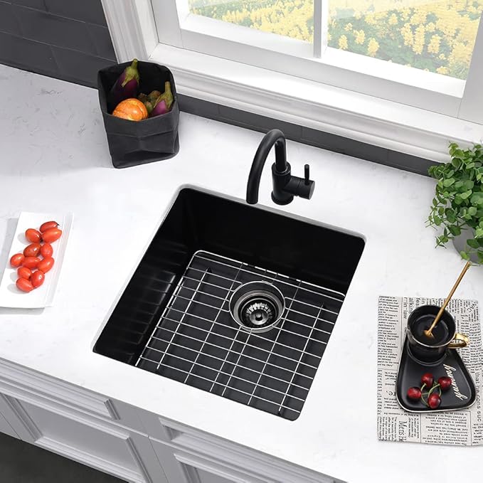 21 Inch Black Undermount Bar Sink-VASOYO 21x19 Undermount Wet Bar Sink Black Granite Composite Single Bowl Quartz Outdoor Rv Kitchen Sinks Small Prep Sinks with Bottom Grid
