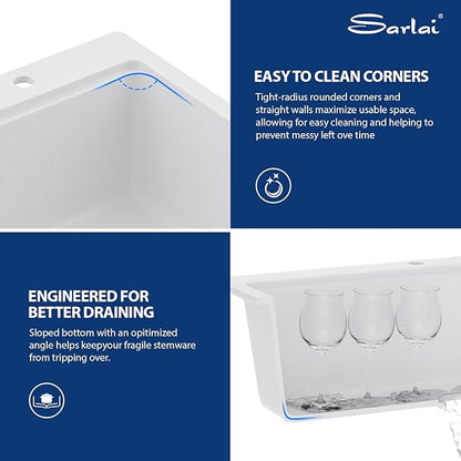 Sarlai 33 Granite Composite Kitchen Sink - 33 x22 Inch Granite Drop In Kitchen Sink Topmount Ledge Workstation White Sinks Quartz Classic Above Counter Single Bowl Basin With Accessories