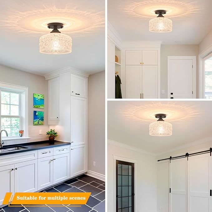 Daunton Small Semi Flush Mount Ceiling Light Fixture, Vintage Matte Black Close to Ceiling Lighting with Etched Glass Shade for Hallway, Kitchen, Entryway (Retro Design, Easy Install)