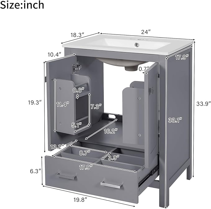 Favfurish 24" Modern Bathroom Vanity with Ceramic Sink, Freestanding Storage Cabinet w/2 Soft-Close Doors & 1 Drawer, Double-Layer Door Shelf, Solid Wood Frame for Small Bathrooms, Easy Assembly,Grey
