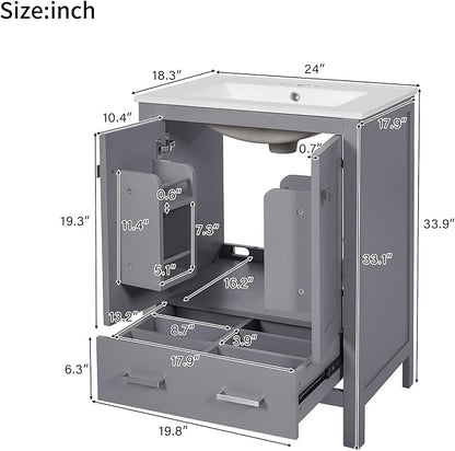 Favfurish 24" Modern Bathroom Vanity with Ceramic Sink, Freestanding Storage Cabinet w/2 Soft-Close Doors & 1 Drawer, Double-Layer Door Shelf, Solid Wood Frame for Small Bathrooms, Easy Assembly,Grey