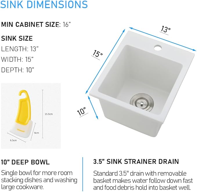 13x15 Inch Drop In Bar Sink, White Granite Composite Quartz Drop In Sink RV Wet Bar Prep Sink Quartz Topmount Single Bowl Kitchen Basin with Small Rubber Squeegee