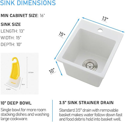 13x15 Inch Drop In Bar Sink, White Granite Composite Quartz Drop In Sink RV Wet Bar Prep Sink Quartz Topmount Single Bowl Kitchen Basin with Small Rubber Squeegee