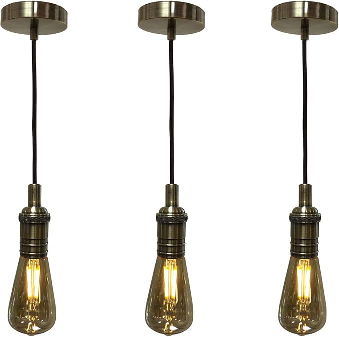 Royal Designs, Inc. Hanging Pendant Lighting, Vintage-Style Keyless Pendant Light Socket and Canopy, Antique Brass with Brown Rayon Fabric Cord