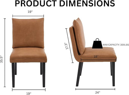 Farmhouse Parsons Dining Chairs Set of 4 - Comfy Upholstered Dining Set with Leather Cushion & Solid Wood Legs, Armless Kitchen Chairs for Dining Room/Restaurant/Kitchen Island, PU Brown