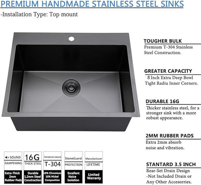 SHACO 25x22 Inch Black Drop In Kitchen Sink, 25 Inch Gunmetal Black RV Laundry Utility Sink, Top Mount 16 Gauge Stainless Steel Single Bowl Deep Small Kitchen Sink