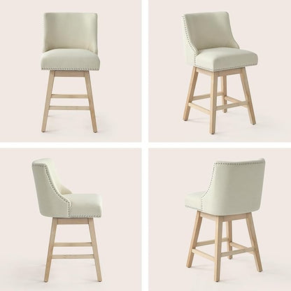 Counter Height Swivel Bar Stools Set of 6, Modern Linen Fabric Swivel Barstools with Back and Wood Legs, Upholstered 26" Seat Height Counter Stools for Kitchen Island, Home Bar, Beige