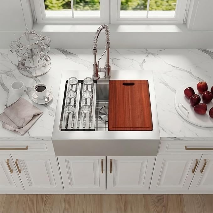 26 Inch Farmhouse Sink, 16 Gauge 304 Stainless Steel Farm Sinks, Drop In Topmount Single Bowl Workstation Sink with all Accessories, 26" x 22" x 10" Deep Kitchen Sink