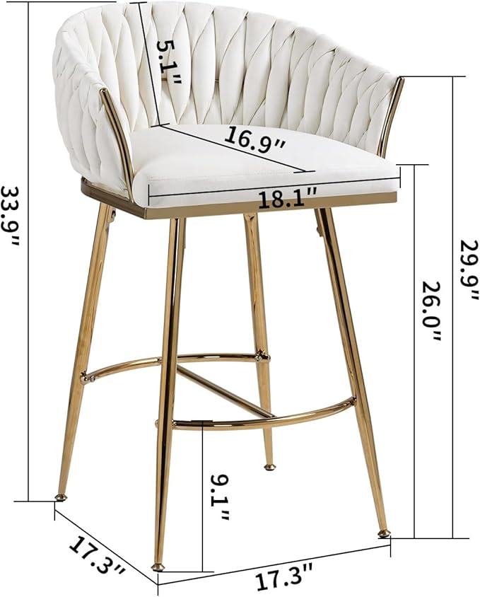26'' Counter Height bar stools Set of 2 Kitchen Island Counter bar Stool with Hand- Wave Back, Golden Chromed Base and footrest,for Living Room