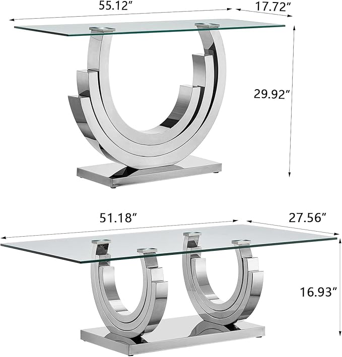 Glass Living Room Table Set of 2, Modern Glass Coffee Table with 1 Console Tables Set for Apartment, Luxury Coffee Table Sets Perfect for Living Room, Stainless Steel Frame
