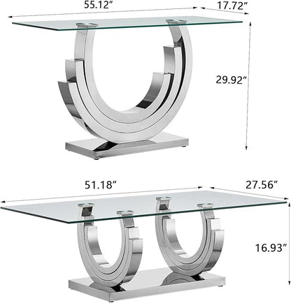 Glass Living Room Table Set of 2, Modern Glass Coffee Table with 1 Console Tables Set for Apartment, Luxury Coffee Table Sets Perfect for Living Room, Stainless Steel Frame