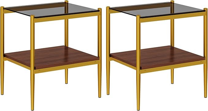 Set of 2 Glass End Table, 2-Layer Glass Living Room Table, Modern Tea Table Side Tables for Home Office Furniture