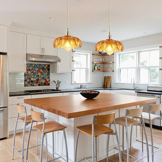 Plug in Pendant Light with Amber Glass Lamp Shade Brass Vintage Hanging Light Fixture Adjustable Chandelier for Kitchen Island Dining Room Bedroom Living Room Hallway