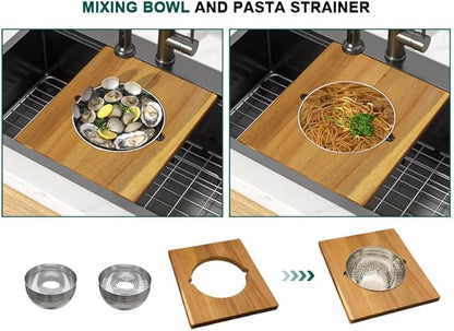 28 Inch Gunmetal Black Drop In Stainless Steel Kitchen Sink, Single Bowl 16 Gauge Workstation Large Sink with Mixing Bowl and Pasta Strainer #TLT-0059