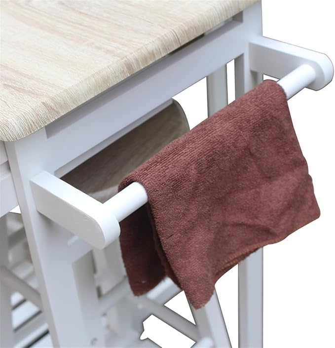 JINS&VICO Folding Dining Cart with 2 Round Stools, Kitchen Islands Carts with Semicircle Desktop and Wheels, Square Solid Wood Leaf Dining Table with 2 Drawers and Towel Rack