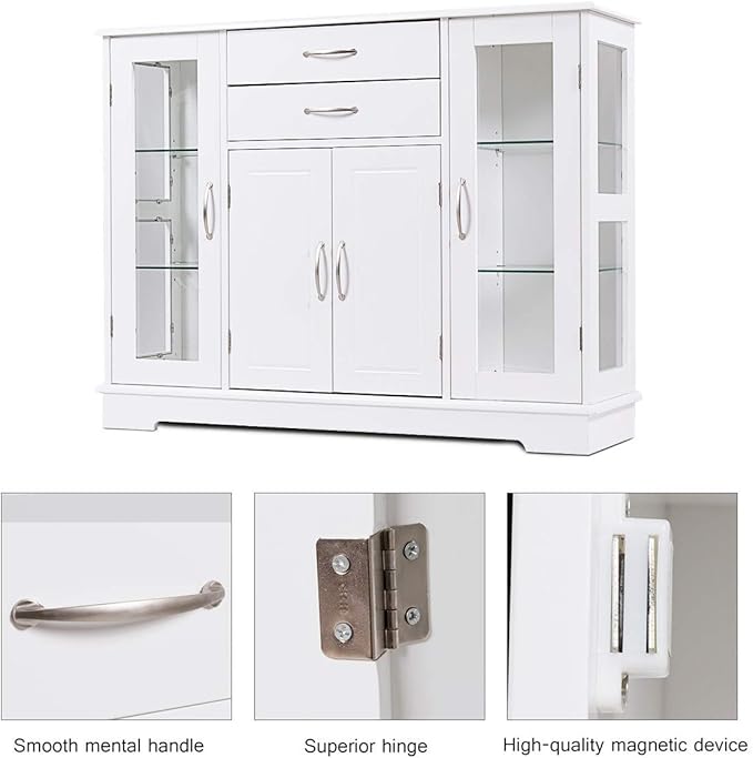 Giantex Sideboard Buffet Server Storage Cabinet W/ 2 Drawers, 3 Cabinets and Glass Doors for Kitchen Dining Room Furniture Cupboard Console Table (White)