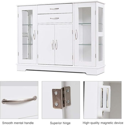 Giantex Sideboard Buffet Server Storage Cabinet W/ 2 Drawers, 3 Cabinets and Glass Doors for Kitchen Dining Room Furniture Cupboard Console Table (White)