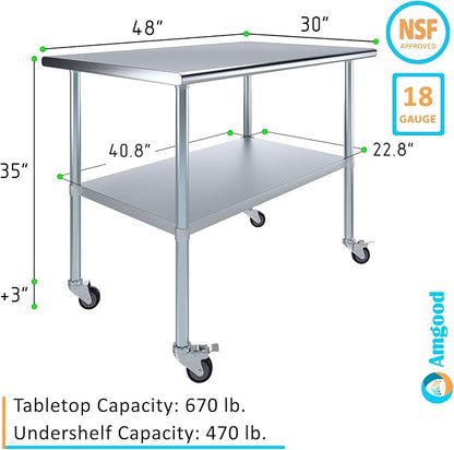 Stainless Steel Work Table with Wheels | NSF Kitchen Island Food Prep | Laundry Garage Utility Bench (Table + Wheels, 48" Long x 30" Deep)