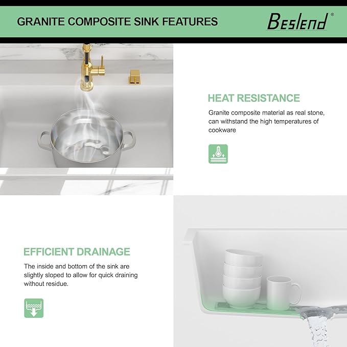 33 Granite Composite Kitchen Sink - Beslend 33x22 Inch Drop In Granite Kitchen Sink Topmount White Quartz Sinks Classic Above Counter Single Bowl Basin