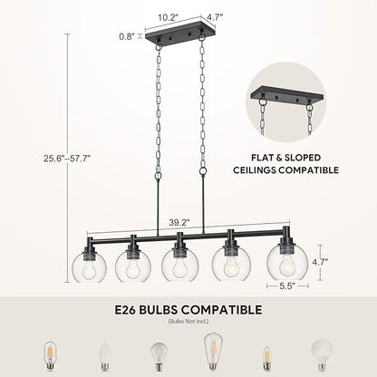 VONLUCE Dining Room Light Fixture Over Table, 5-Light Kitchen Island Lighting with Round Glass Shades & Adjustable Hanging Heights, Linear Chandlier for Dining Room Kitchen, Black, ETL Certificated