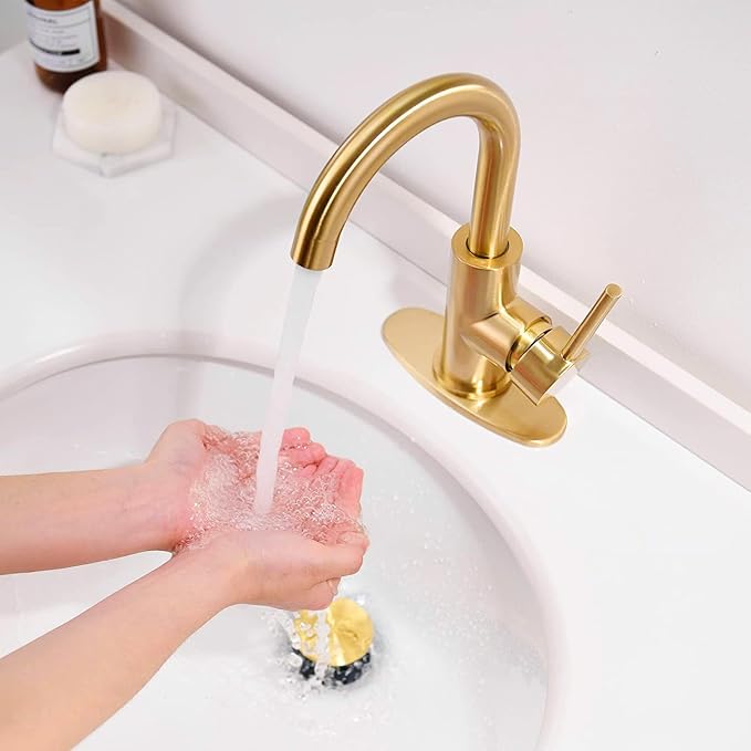 Gold Bathroom Faucets - Single Hole Waterfall Vanity Sink Faucet with Drain Assembly, Brushed Gold Waterfall Bathroom Faucets 360° Swivel Spout Vanity Faucet Single Handle Lavatory Faucets