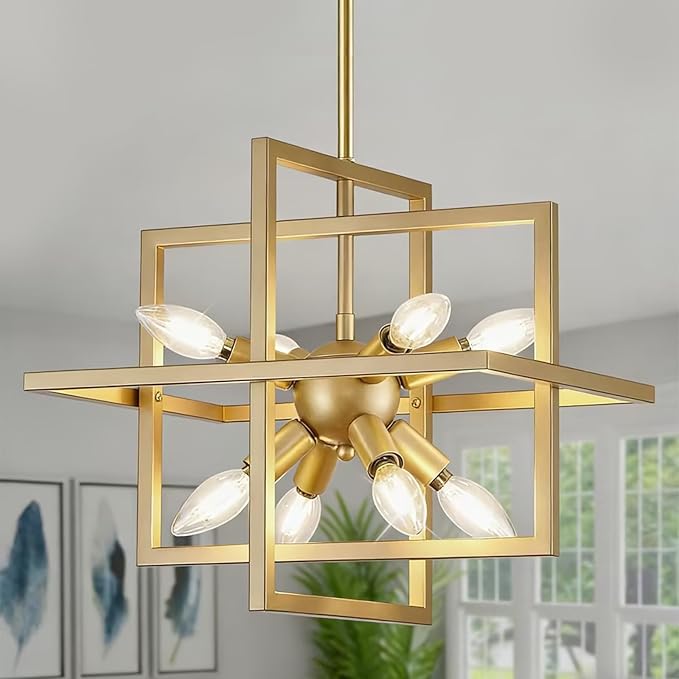 8 Lights Gold Chandelier, Farmhouse Dining Room Light Fixture, Small Modern Chandeliers, Industrial Geometric Hanging Pendant Light for Kitchen Island, Bedroom, Living Room, Foyer, Hallway
