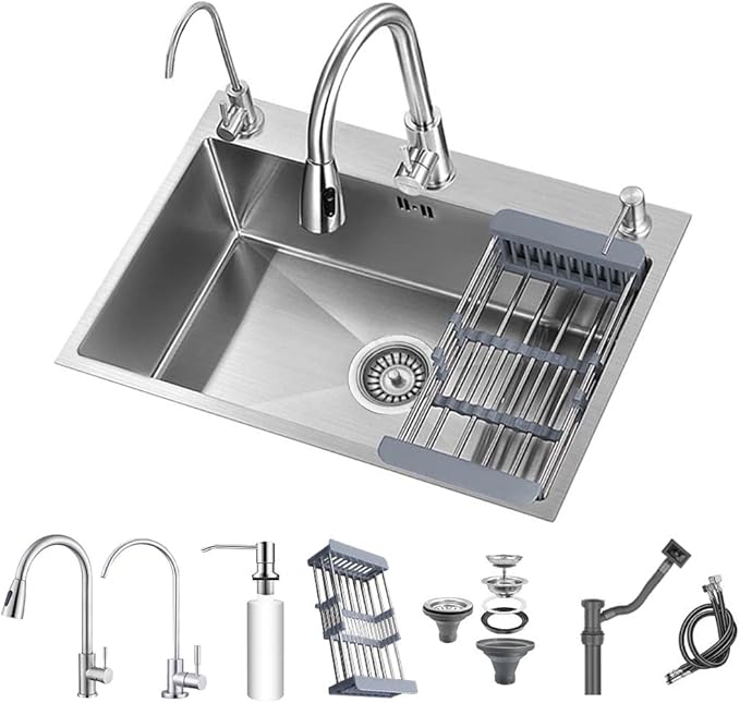 26.8 * 17.7in Drop In Kitchen Sink,Silver Gray Stainless Steel Single Bowl Sink,Topmount Workstation Sink With Pull Out Faucet,Soap Dispenser And Drain Basket