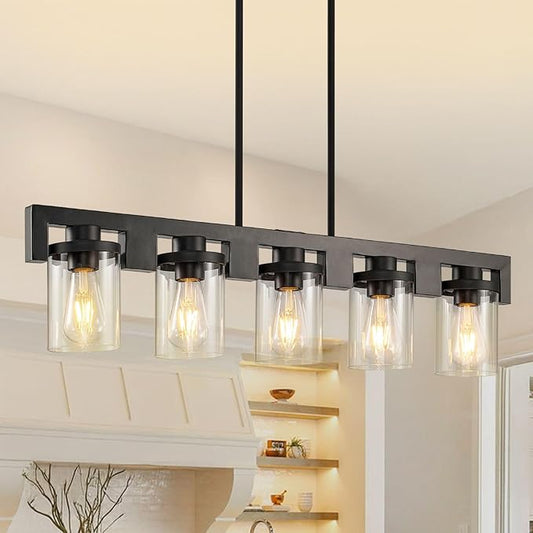 WJShome Dining Room Light Fixture Over Table, 5-Light Black Kitchen Island Lighting, Farmhouse Chandeliers for Dining Room, Rustic Linear Chandelier, Ceiling Pendant Light Fixtures with Clear Glass